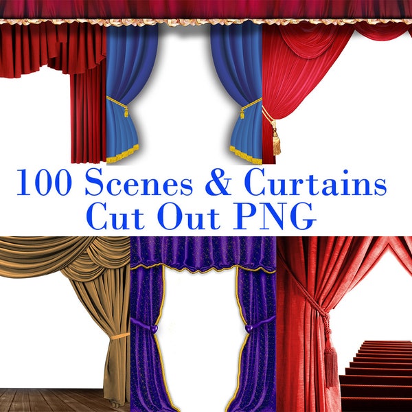 100 Curtains Clipart, red curtain backdrop, Scene clip art graphics, stage curtains, theater curtains background, blue drapes photo overlays