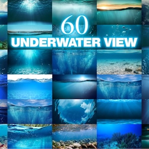 Op de afbeelding: Een collage van 30 onderwater scènes, met verschillende uitzichten op de oceaan. De afbeeldingen tonen zonlicht dat door het water filtert, koraalriffen en het wateroppervlak. De tekst "60 UNDERWATER VIEW" is in het wit weergegeven.