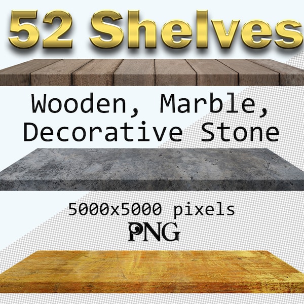 52 Digital Shelves Clipart, Digital Wood Floor, Empty Shelves, Shelving, wooden, Marble Decorative Stone, Surface Rustic table, PNG files