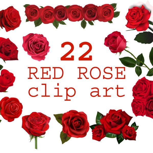 22 Red Rose Clipart Digital, Red Roses Clipart, Red Single Bouquet, Flower Clip Art, Graphic Bunch of Red Roses, Floral Printable, PNG files