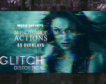 24 actions Photoshop Glitch, Textures abstraites, Effets de distorsion, Effet Glitch 3D