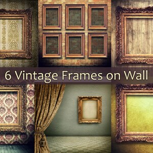May include: Six vintage picture frames on a wall. The frames are all different sizes and styles, and they are arranged in a random pattern. Some of the frames are empty, while others contain images of various subjects. The frames are all made of wood and have a distressed finish.
