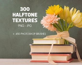 450Halftone Photoshop Brushes, 300 Photo Overlays, Retro Comic Effects, Vintage Halftone Texture, PNG, ABR