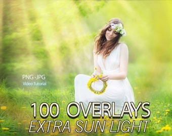 May include: A woman wearing a white dress and a flower crown sits in a field of green grass and yellow flowers. The image is a digital overlay effect with sunbeams shining through the trees. The text "100 Overlays Extra Sun Light" is at the bottom of the image.