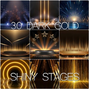 Op de afbeelding: 30 Donkergouden Glanzende Podia - Een verzameling van 30 digitale achtergronden met donkere achtergronden, gouden accenten, schijnwerpers en podia. Perfect voor prijsuitreikingen, productpresentaties en meer.