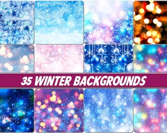 35 Winter snow digital paper, winter scrapbook paper, Christmas bokeh lights, snowflake, flakes snow, snowflake pattern, blue backgrounds