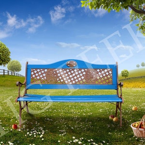 Bench on Spring Meadow Flowers and Apples, Digital Photography Backdrop, Background, Tale, Field, Tree, Basket, Picnic, Chamomile, Spring