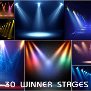 30 Winner stage backdrops, Digital empty platform, Confetti overlays, Illuminated stage, Shiny stage, Spotlight background, Glowing scene