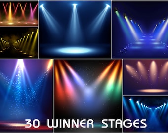 30 Winner Stage Backgrounds, Neon Illuminated Scene Overlays, Empty Shiny Arena, Spotlight Glowing Background
