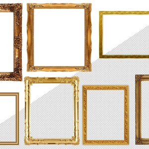 May include: Set of six ornate gold picture frames of varying sizes. The frames have a detailed, carved design and are perfect for displaying artwork, photos, or other decorative items.