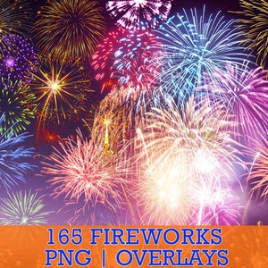 May include: A vibrant image of colorful fireworks exploding in the night sky. The display features a variety of shapes and colors, including red, blue, yellow, and purple. Text at the bottom reads "165 FIREWORKS PNG | OVERLAYS."