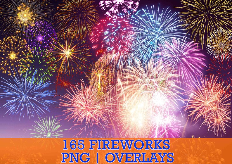 May include: A vibrant image of colorful fireworks exploding in the night sky. The display features a variety of shapes and colors, including red, blue, yellow, and purple. Text at the bottom reads "165 FIREWORKS PNG | OVERLAYS."