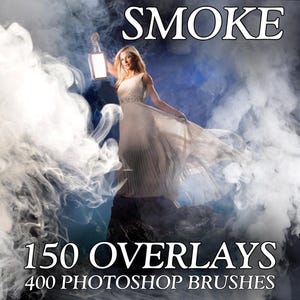 Puede incluir: Una mujer con un vestido blanco se encuentra en una nube de humo, sosteniendo una linterna. El texto "SMOKE" está en la parte superior de la imagen, y el texto "150 OVERLAYS 400 PHOTOSHOP BRUSHES" está en la parte inferior.