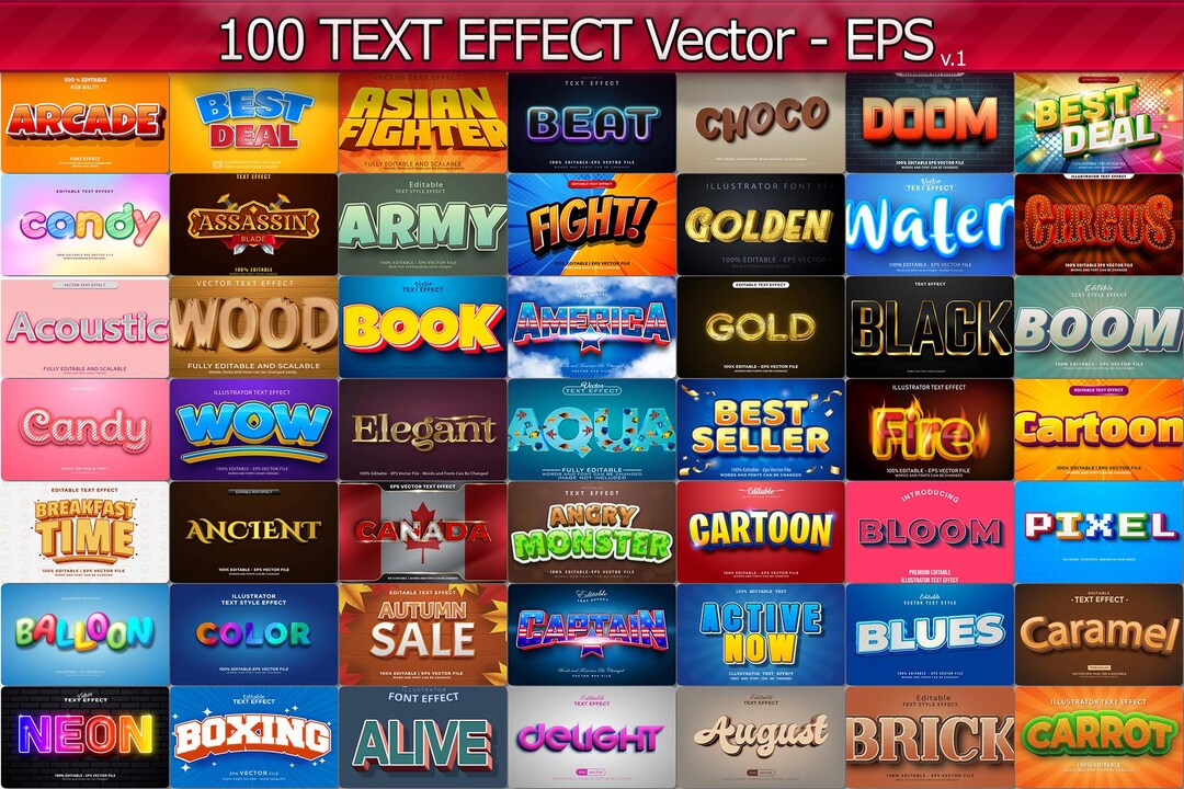 100 Vector Text Effects, Illustration Editable EPS Vector, 3D Templates ...