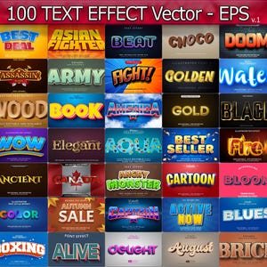 100 Vector Text Effects, Illustration Editable EPS Vector, 3D Templates, Gold, Glitter, Cartoon, Cinematic