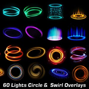 May include: A collection of 60 colourful light circle and swirl overlays. The overlays are in various colours, including blue, green, red, orange, and purple. They are perfect for adding a touch of magic to your designs.