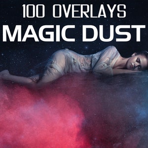 May include: A woman in a white dress lays on a bed of colorful dust. The dust is red, blue, and purple. The background is black with stars. The text "100 OVERLAYS MAGIC DUST" is at the top of the image.