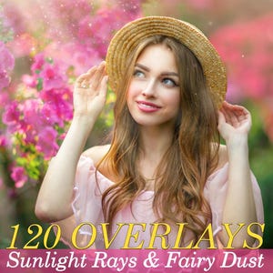 120 Sunlight Overlay, Fairy Dust, Photoshop Sunshine overlays, natural sunny gold light,  light beams, rays, floating fairy dust overlays