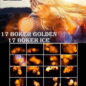 May include: A collection of 17 golden bokeh light effects and 17 ice bokeh light effects. The bokeh effects are arranged in a grid pattern on a black background. The text "TIG PEEK" is in red at the bottom of the image.