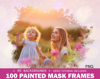 100 Painted mask frames, photo frame, Photoshop overlay, watercolor clipping photo mask, Bokeh Backgrounds, Fine Art Textures, PNG Frame