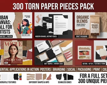 300+ Torn Paper PNG Overlays, Ripped Paper Textures, Vintage Craft, Corrugated Cardboard Bundle