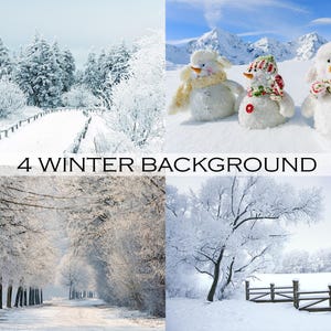 Könnte beinhalten: Vier Winter-Hintergrundbilder. Das erste Bild zeigt einen verschneiten Weg durch einen Wald. Das zweite Bild zeigt drei Schneemänner in einer verschneiten Landschaft. Das dritte Bild zeigt einen verschneiten Weg durch einen Wald. Das vierte Bild zeigt ein verschneites Feld mit einem Holzzaun.