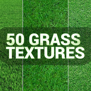 May include: Three different close-up textures of green grass. The text "50 GRASS TEXTURES" is superimposed on the image.