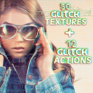 50 Glitch Abstract Textures, Photoshop 3D Glitch Effect Actions, Glitch Distortion Photo Effect, TV VHS Glitch Overlays, 3D Anaglyph Duotone