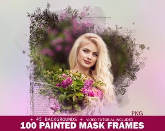 100 Painted Mask Frames, Watercolor Photoshop Overlay, Fine Art Textures, Watercolor Clipping Photo Masks