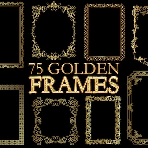 75 Golden Frames Clipart, Gold Frame, PNG files Metallic Ornamental Wedding Invitation Template DIY Vintage Border Minimalist Geometry Line