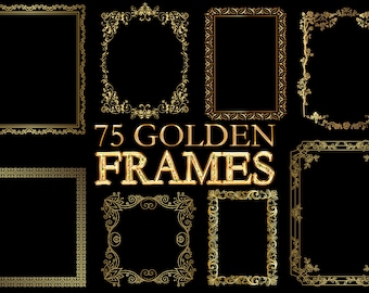 75 Golden Frames Clipart, Wedding Invitation, Metallic Ornamental, Vintage Border, Minimalist Geometry Line, PNG