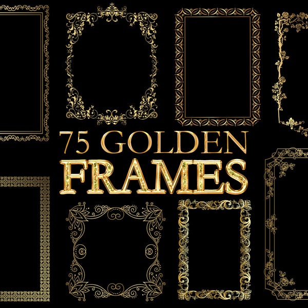 75 Golden Frames Clipart, Gold Frame, PNG files Metallic Ornamental Wedding Invitation Template DIY Vintage Border Minimalist Geometry Line