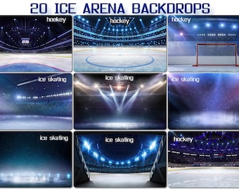 20 Ice Arena Backdrops, Empty winter background, ice rink spotlights, Blue ice floor texture, indoor hockey skating stadium, entry corridor