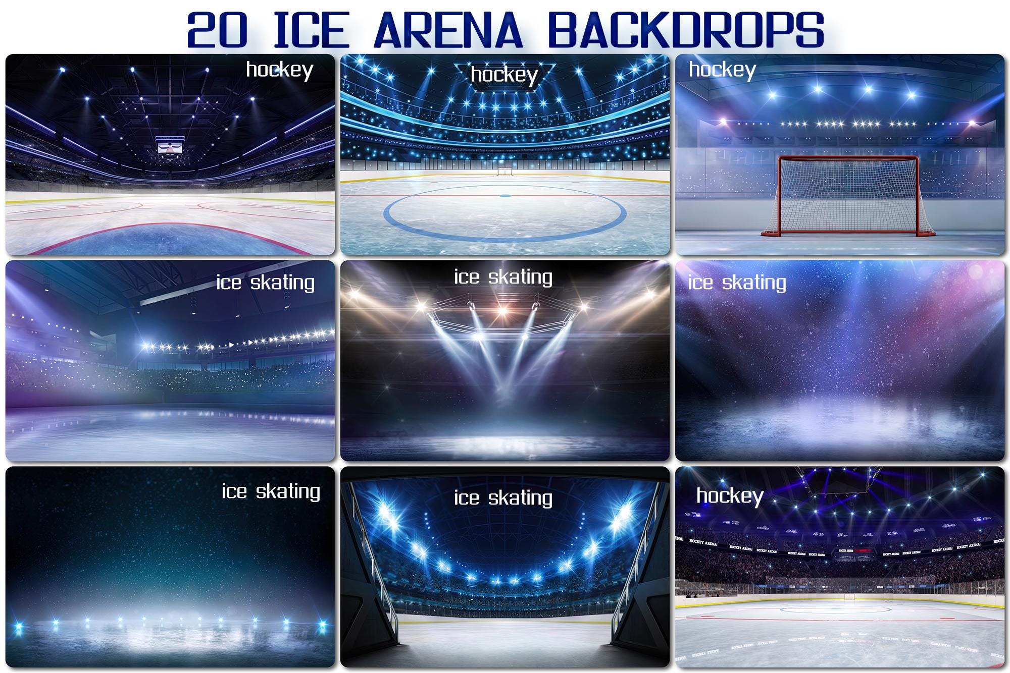 20 Ice Arena Backdrops, Empty winter background, ice rink spotlights, Blue ice floor texture, indoor hockey skating stadium, entry corridor
