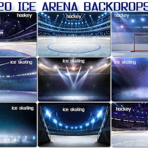 20 Ice Arena Backdrops, Empty winter background, ice rink spotlights, Blue ice floor texture, indoor hockey skating stadium, entry corridor