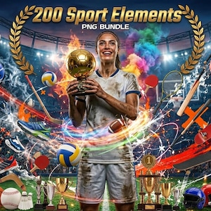 Op de afbeelding: Een digitale afbeelding met een vrouw die een gouden trofee vasthoudt, omringd door diverse sportattributen. De afbeelding bevat de tekst "200 Sport Elements PNG Bundle". Sportattributen zijn onder meer een voetbal, honkbal en voetbal.