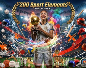 200 Sports PNG Bundle, Football, Basketball, Soccer, Baseball Clipart, Fitness Equipment, Gym Branding, Tennis