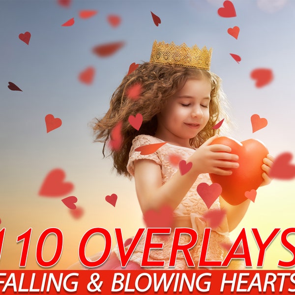 110 Falling and Blowing Hearts Photo Overlays, Valentine hearts, Blowing kisses Overlays, Bokeh Overlays, red heart, Love overlays PNG files