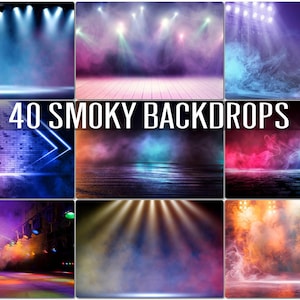 May include: A collection of 40 smoky backdrops featuring various colours and lighting effects. The backdrops are ideal for creating a dramatic and atmospheric scene.