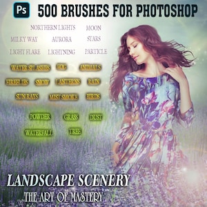 Op de afbeelding: Een digitale illustratie van 500 Photoshop-penseelen voor het maken van landschapsbeelden. De afbeelding toont een vrouw in een bloemenjurk die in een veld met paarse bloemen staat. De tekst "500 Brushes for Photoshop" en "Landscape Scenery" is in de afbeelding te zien.