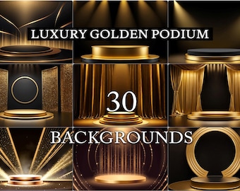30 Luxury Dark Golden Podium Backgrounds, Black Gold Stage Backdrops, Elegant Modern Glowing Pedestals