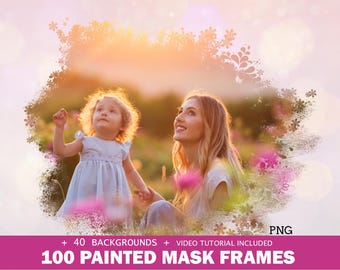 100 Watercolor Photo Mask Frames, Bokeh Backgrounds, Fine Art Texture Overlay, Watercolor Clipping Masks