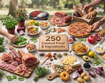250 Cooked Food, Ingredients, Food Clipart, Menu Scene Creator, Bakery, Organic Culinary, Spices, Sweets