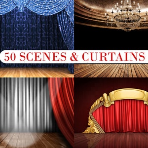 50 Curtain Backdrop Digital, red theater scenes, Scene clip art graphics, stage curtains, theater curtains background, drapes photo overlays