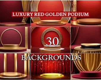 30 Luxury Red Golden Podium Backgrounds, Elegant Gold Pedestal Stage Backdrops, Royal Curtain Scenes