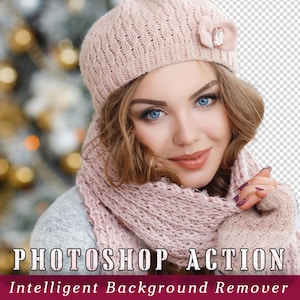 May include: A woman wearing a pink knitted hat and scarf with a small flower-shaped brooch. The background is blurred and out of focus. The text "PHOTOSHOP ACTION Intelligent Background Remover" is at the bottom of the image.
