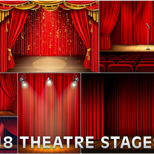 18 Digital theater scenes, Scene clip art graphics, Empty stage curtains, Red concert background, Opera drapery, Spotlight show curtains