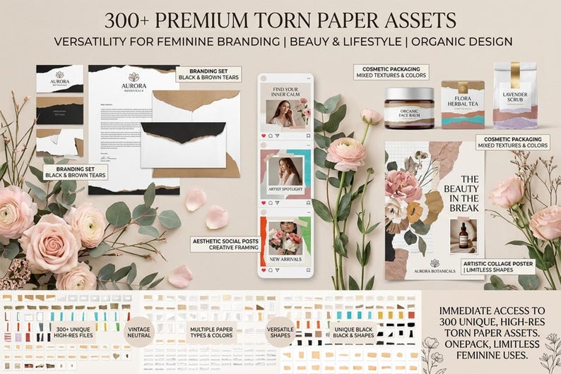 Paper Assets 300+ Torn Paper PNG Overlays, Ripped Paper Textures, Vintage Craft ...
