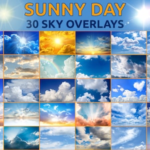 30 Blue Sky Overlays, Sunny Sky Overlay, Cloud Overlay, Photography Overlays, Photoshop Skies, Photo Overlays, Digital Sky, PNG Sun Overlays