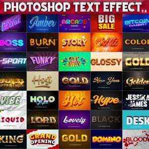 Puede incluir: Una cuadr&iacute;cula de efectos de texto de Photoshop, incluyendo "1980", "Amber", "Arcade", "Big Sale", "Bitcoin Currency", "Boom", "Boss", "Burn", "Story", "Chilli", "Color", "Cute Girl", "Dubai", "E-Sport", "Funky", "Give Away", "Glossy", "Gold", "Host", "Hype", "Jessica James".
